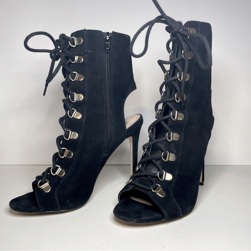 Steve Madden Women's Shoes Kennee Lace-Up Peep-Toe Booties Black Suede Size 7 M